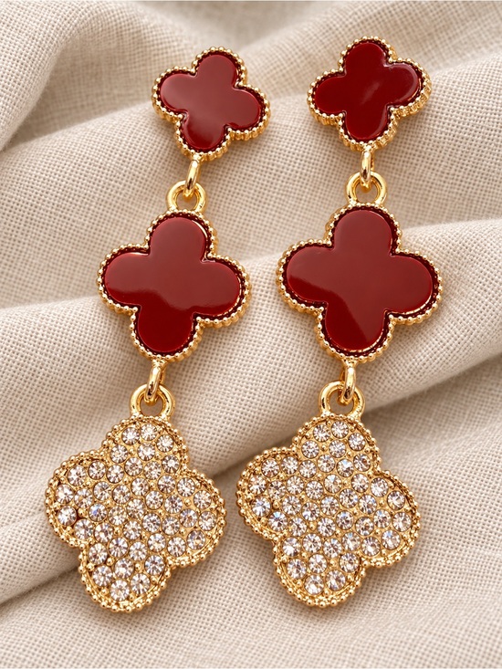 Jewelry - Crimson Red Clover Rhinestone Dangle Drop Earrings Gold Tone 2.5 Inch